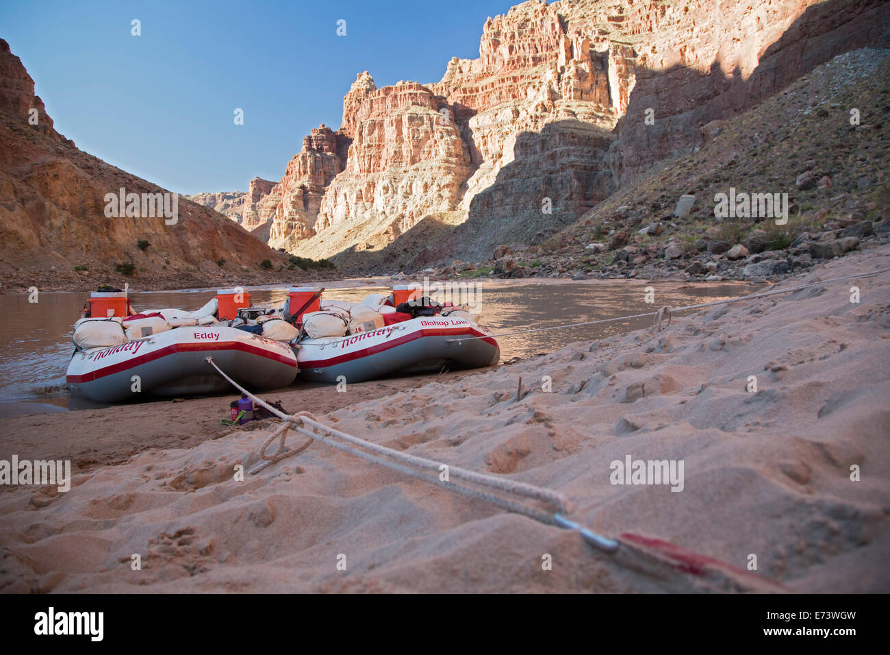 Canyonlands National Park, Utah - Rafts anchored at a campsite during a trip on the Colorado River through Cataract Canyon Stock Photo