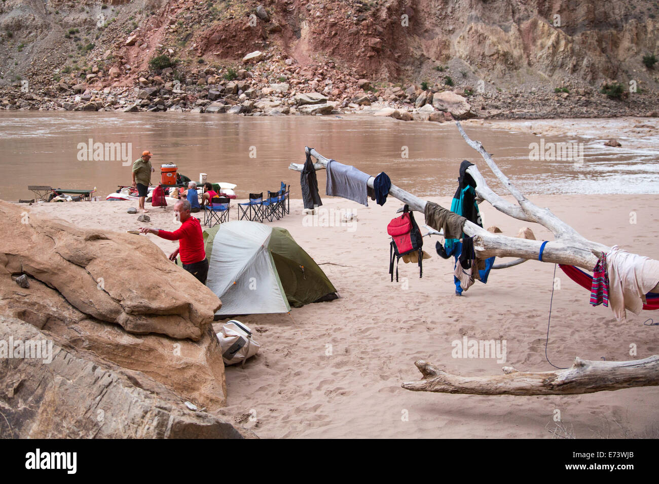 Canyonlands National Park, Utah - Wet clothes hang on a tree to dry during a raft trip on the Colorado River Stock Photo