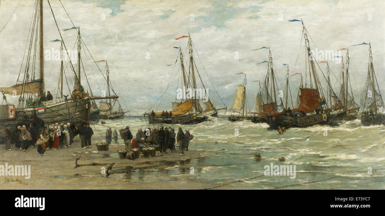 Fishing Pinks in Breaking Waves - by Hendrik Willem Mesdag, 1875 - 1885 Stock Photo