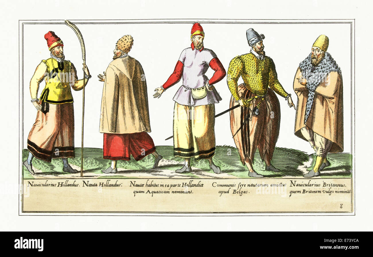 Five sailors dressed according to the fashion in the Netherlands and Brittany in 1580 - by unknown author Stock Photo