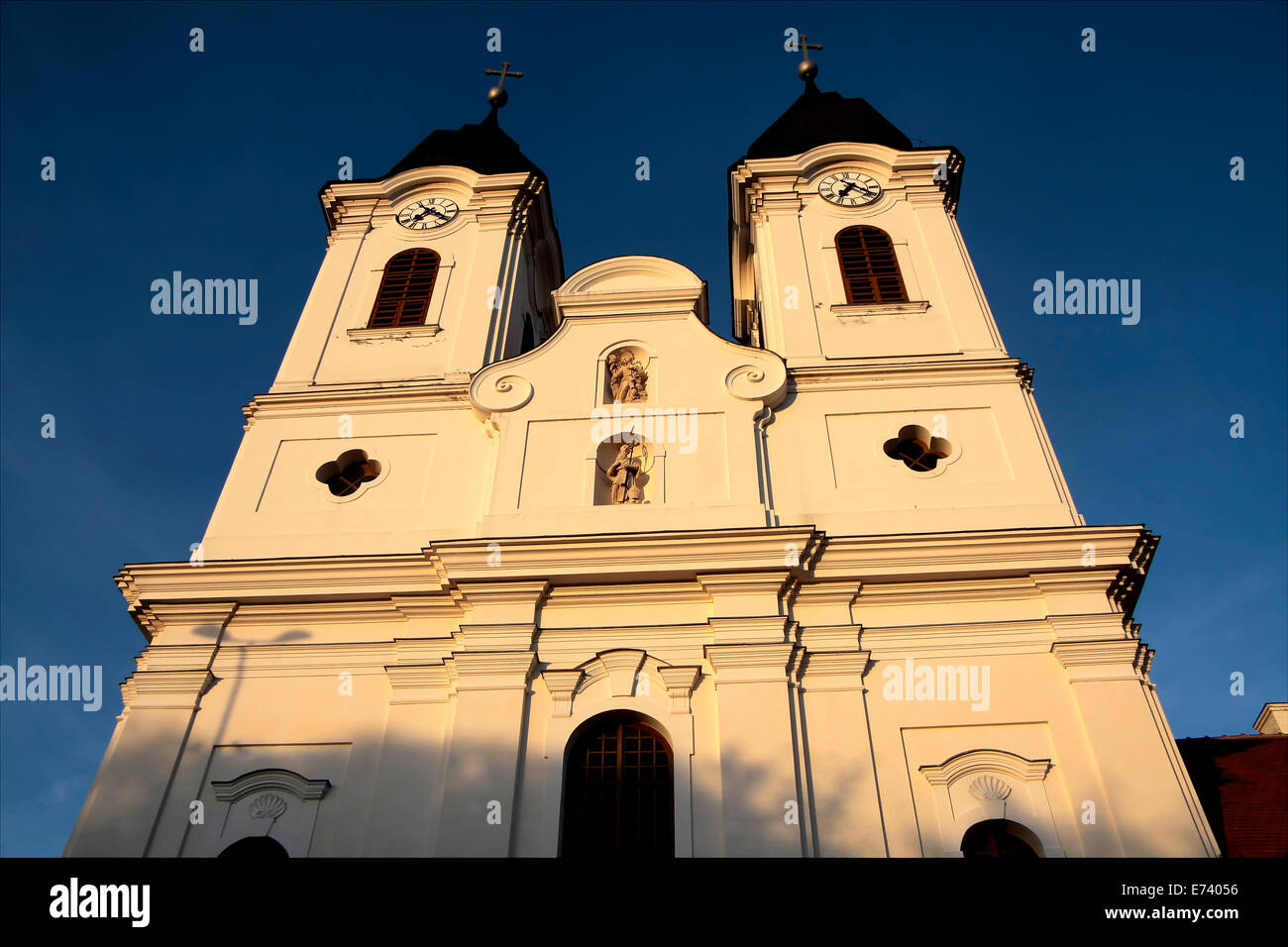 Towers of the Abbey Church in Tihany at Lake Balaton, Hungary Stock Photo