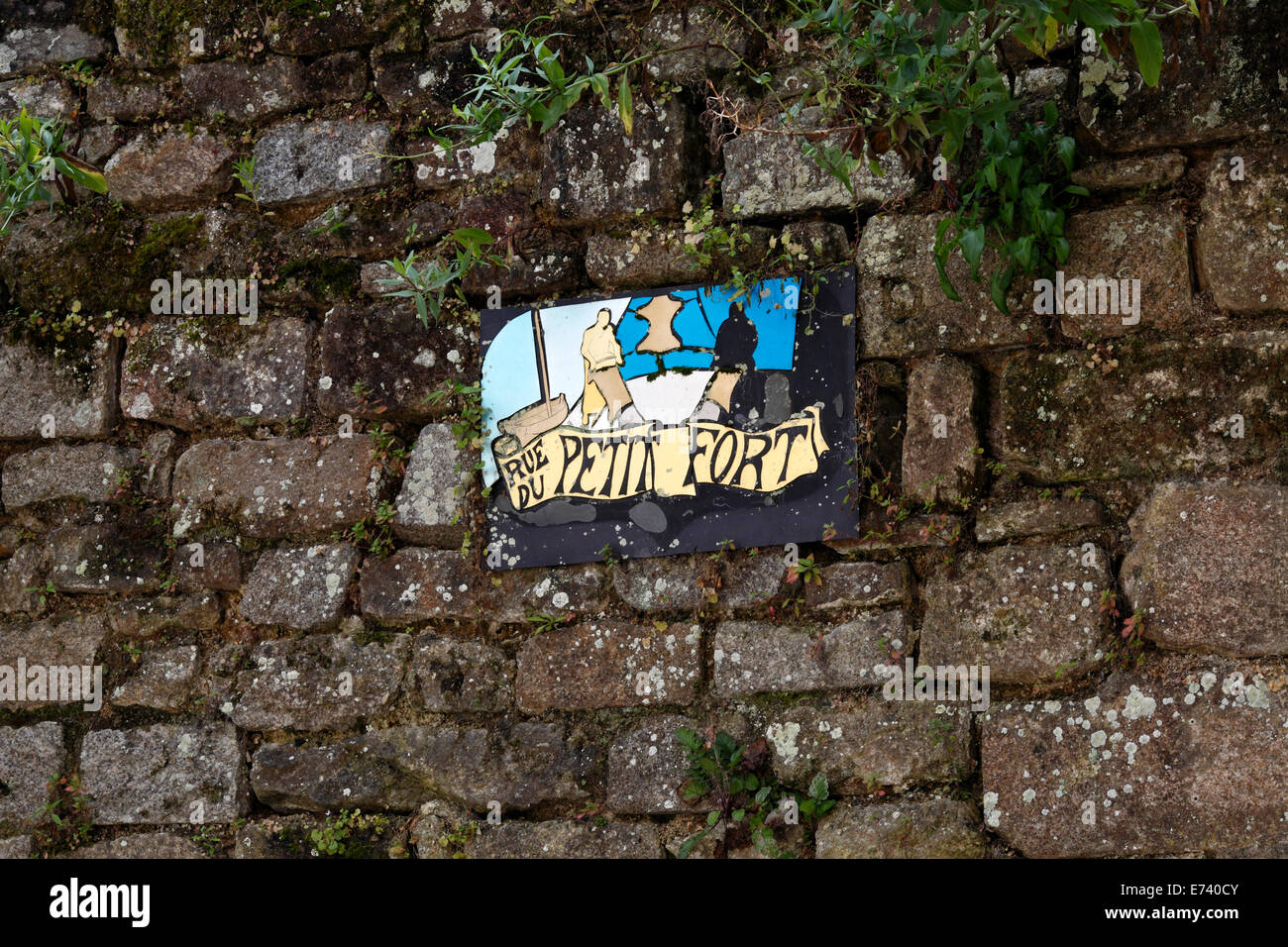 Dinan painted roadsign. Brittany, France Stock Photo