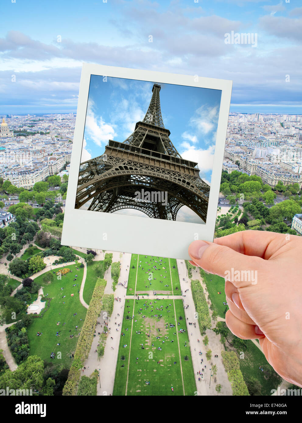 Polaroid frame of Eiffel tower over The Champ de Mars of Paris Stock Photo