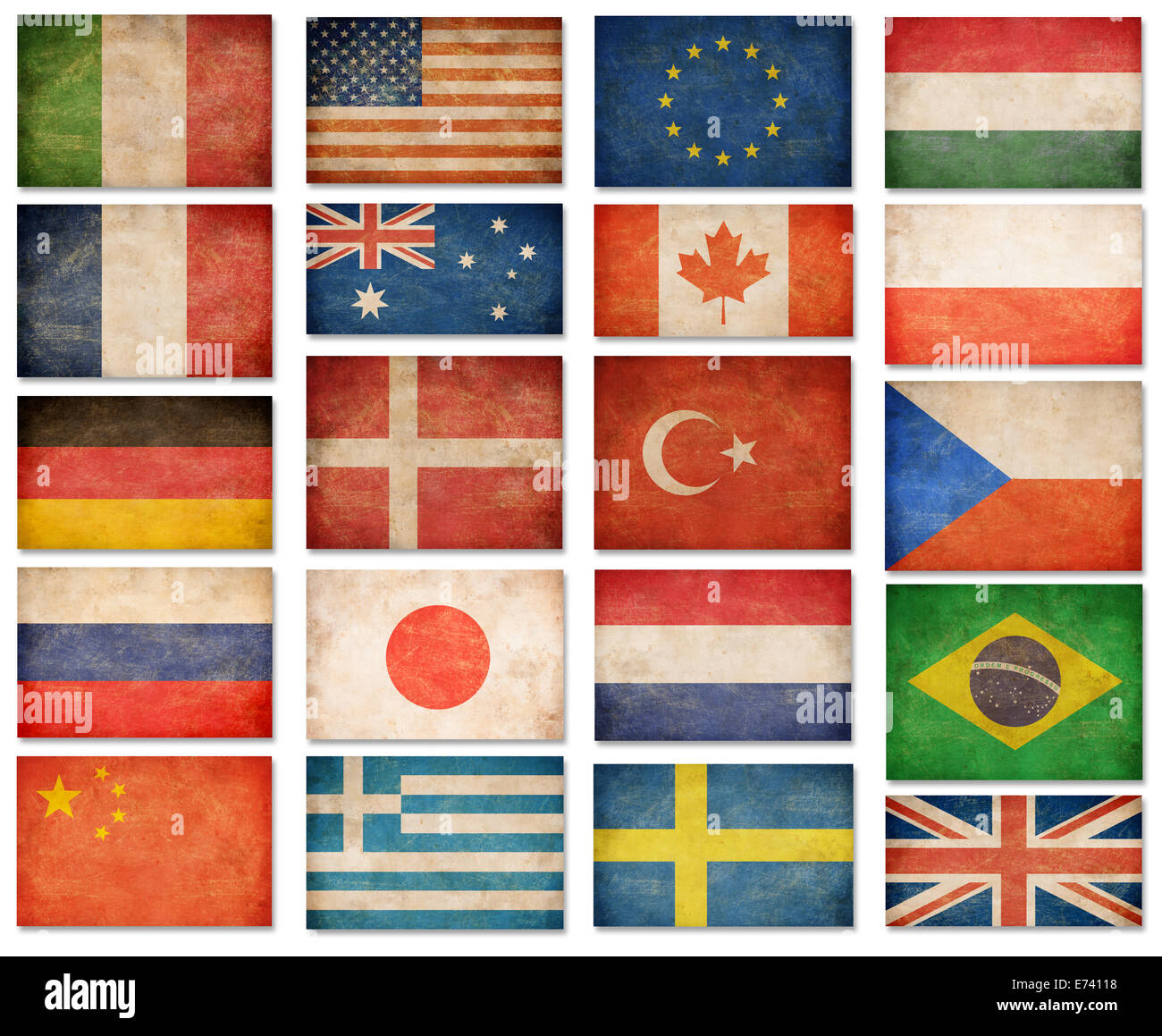 Grunge flags: USA, Great Britain, Italy, France, Denmark, Germany, Russia, Japan, Canada, Brazil, Turkey, Netherlands, Australia Stock Photo