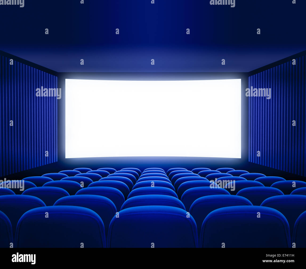blue cinema empty hall with blank screen for movie presentation Stock Photo