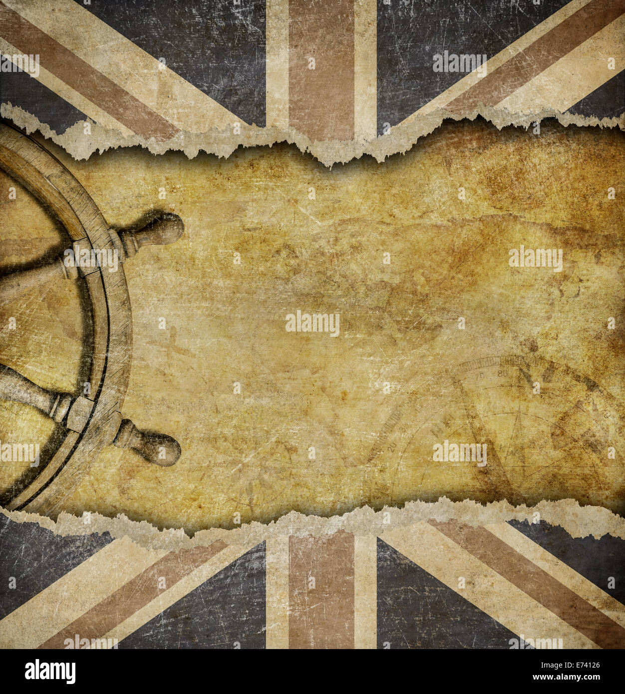 Grunge British flag and old steering wheel Stock Photo