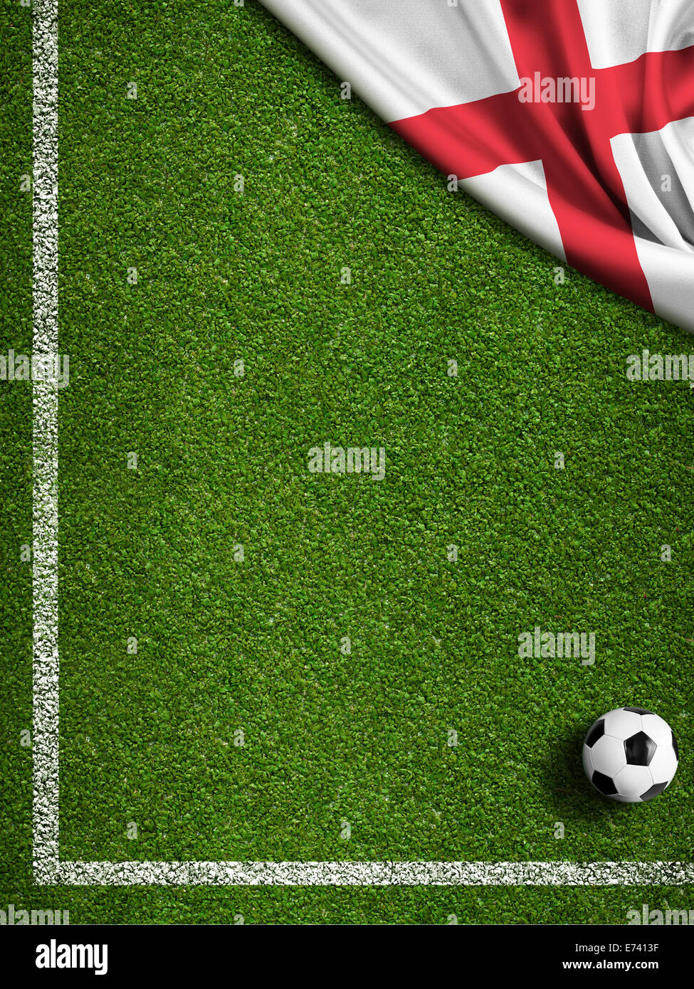 Soccer field with ball and flag of England Stock Photo