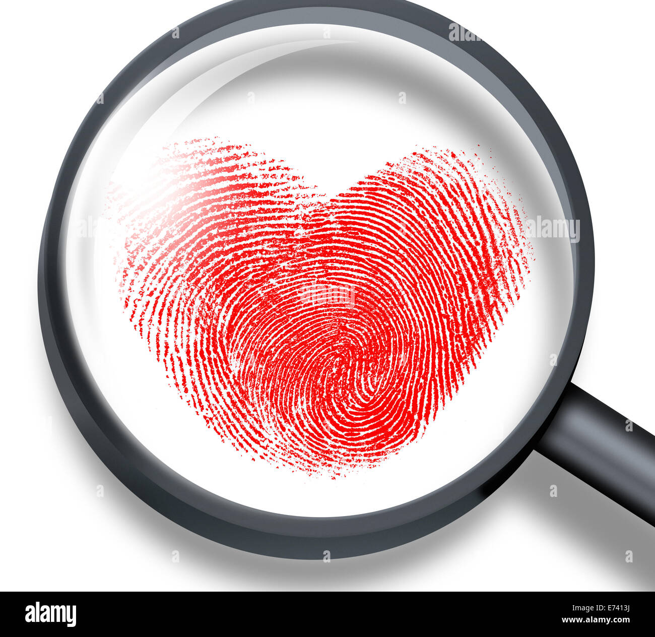 red fingerprint in heart shape through magnifying glass Stock Photo