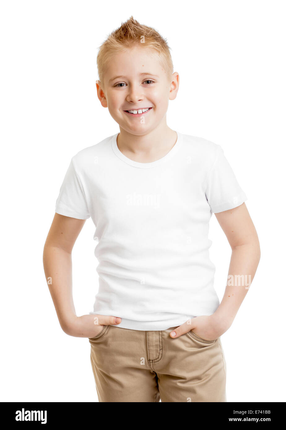 handsome kid model in white tshirt standing front view isolated Stock Photo