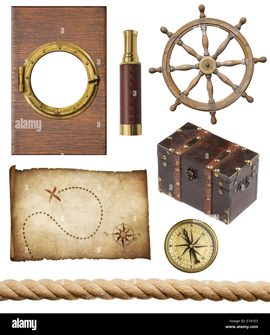nautical objects set isolated: ship window or porthole, old treasure map, spyglass, brass compass, pirates chest, rope and steer Stock Photo
