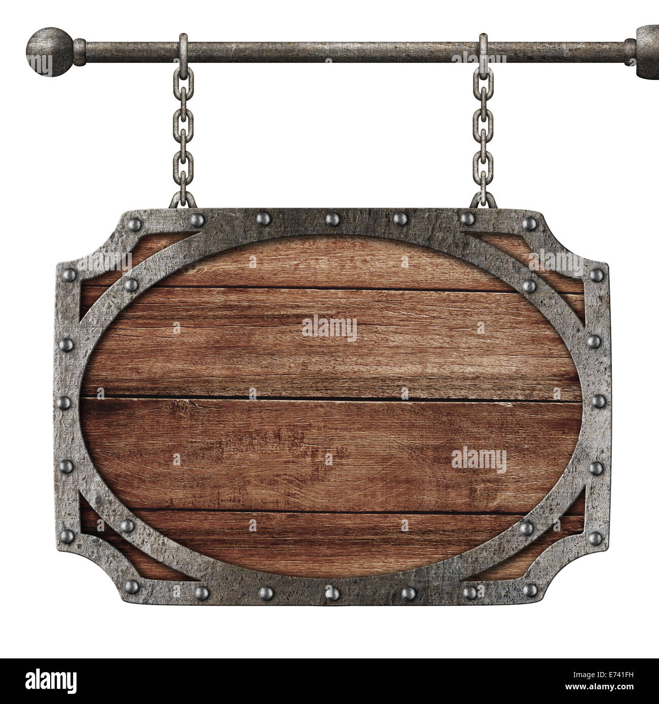 medieval wooden sign hanging on chains isolated on white Stock Photo