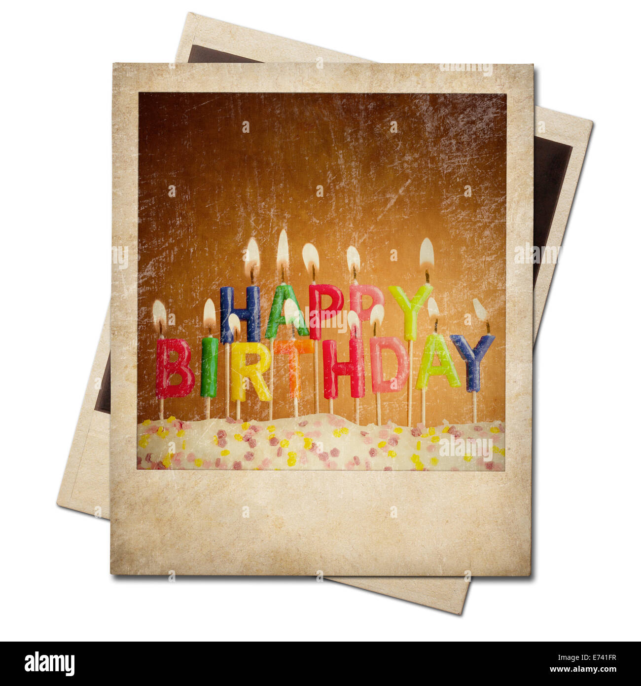 Old polaroid birthday candles instant photo frame isolated Stock Photo