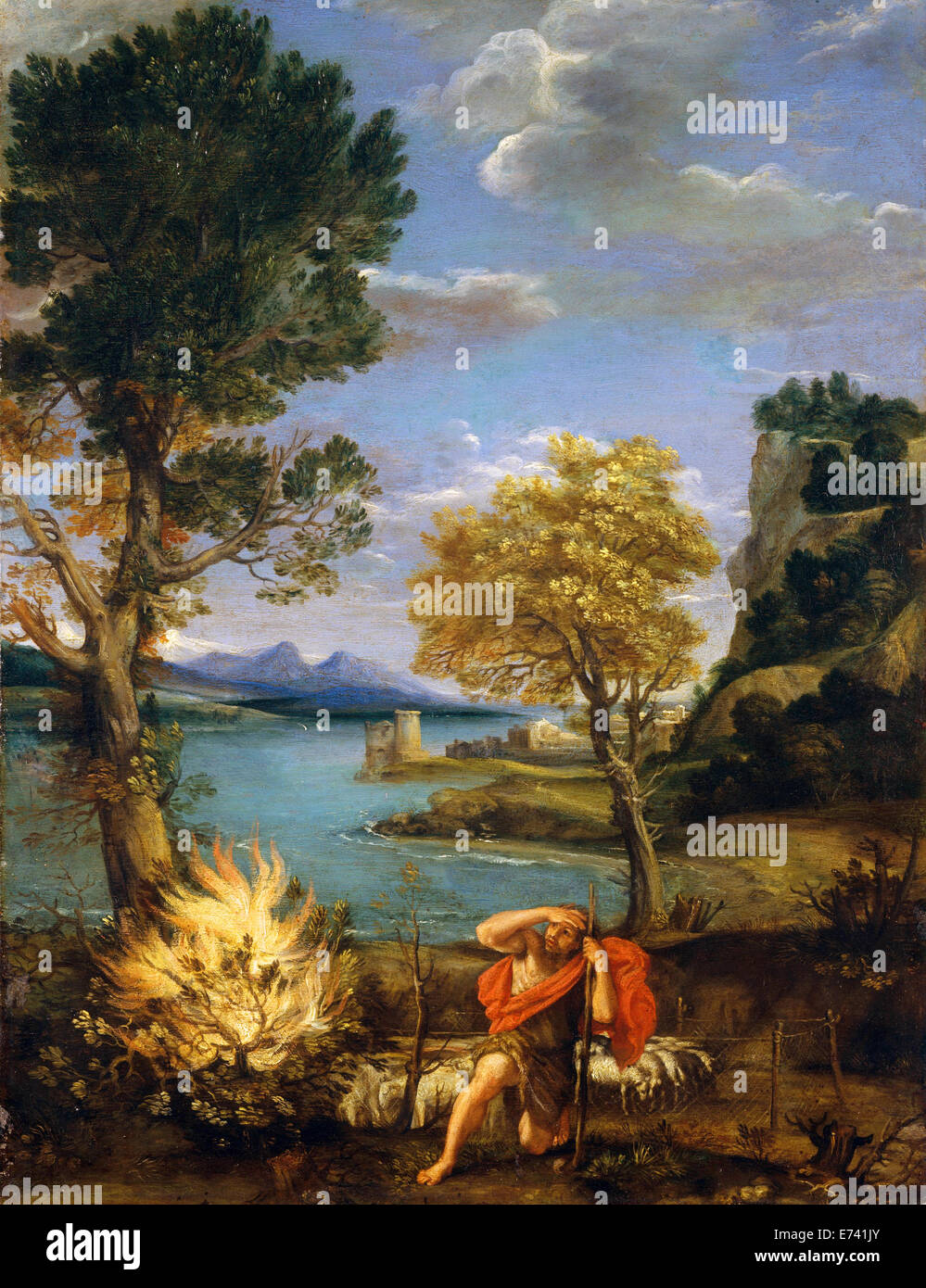 Landscape with Moses and the Burning Bush - by Domenichino, 1616 Stock Photo