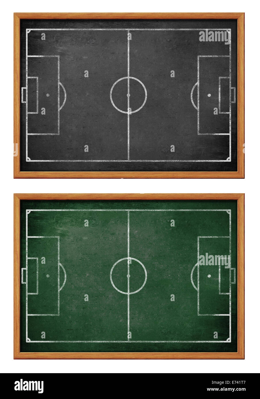 Blackboards for soccer team formation. Football field or pitch plan on blackboard. Stock Photo