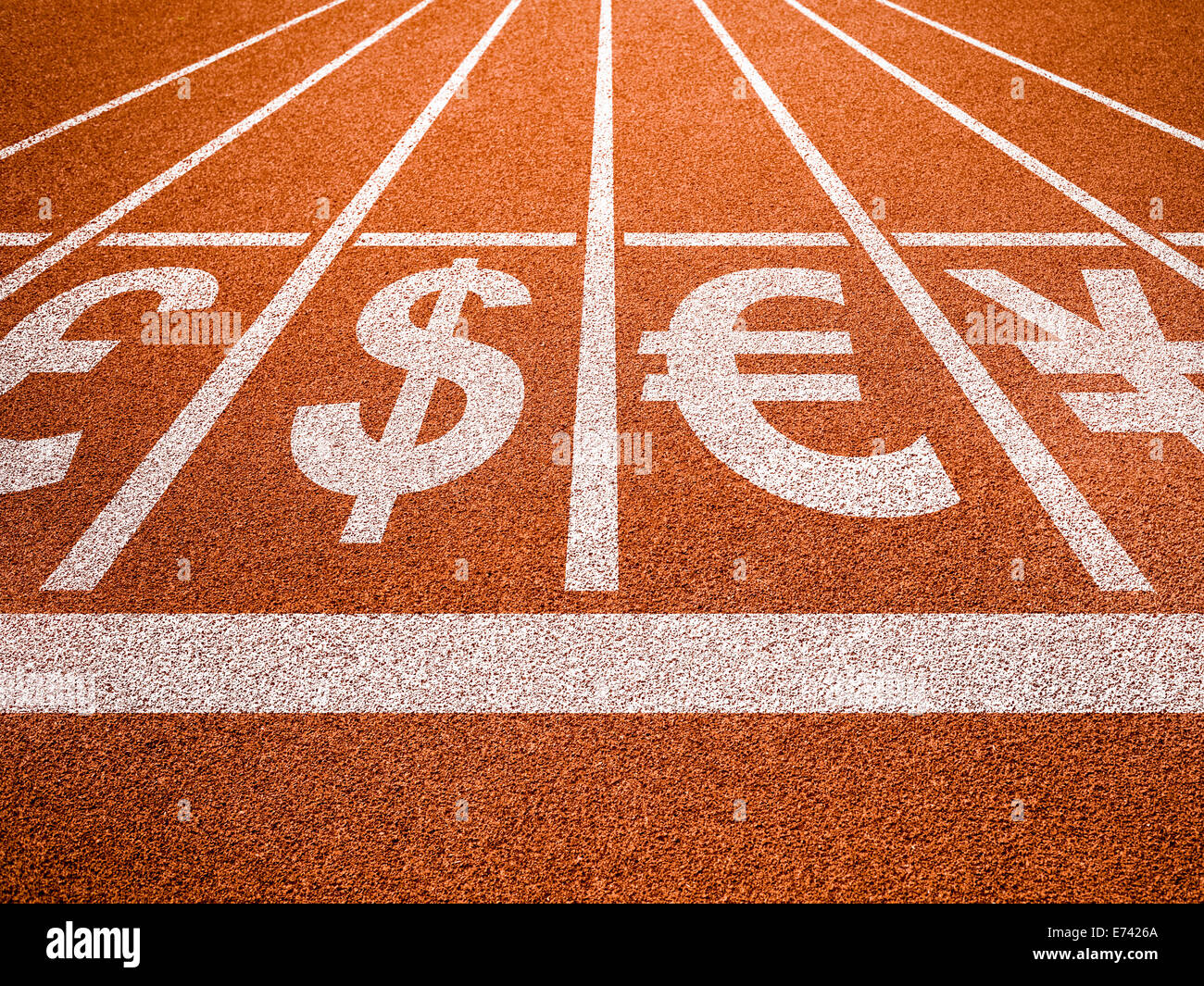 Currencies symbols on running trace start. Money concept. Stock Photo