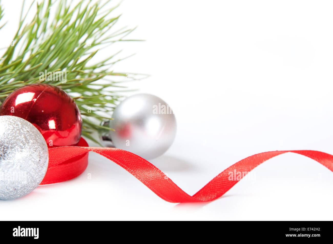 Christmas background with balls and red ribbon Stock Photo - Alamy