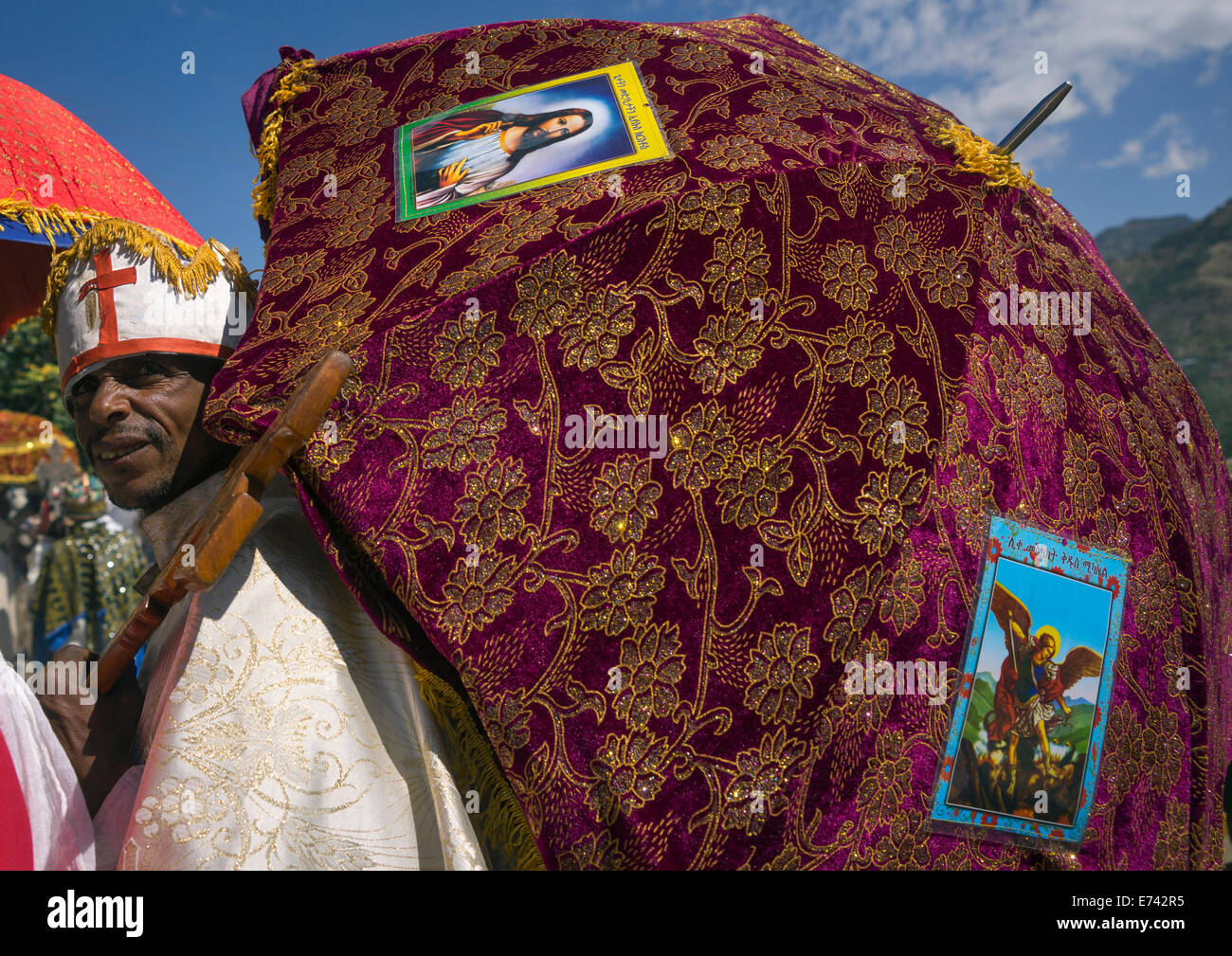 Ethiopian Orthodox Priests Celebrating The Colorful Timkat Epiphany Festival, Lalibela, Ethiopia Stock Photo