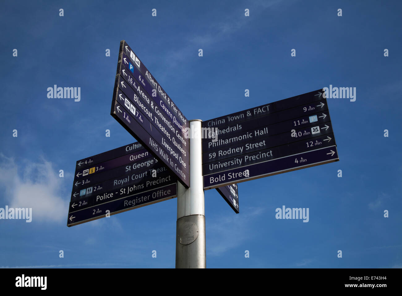 Street sign with different destinations.  Multi-Directional Tourist Signpost  for attractions in Liverpool, Merseyside, UK Stock Photo