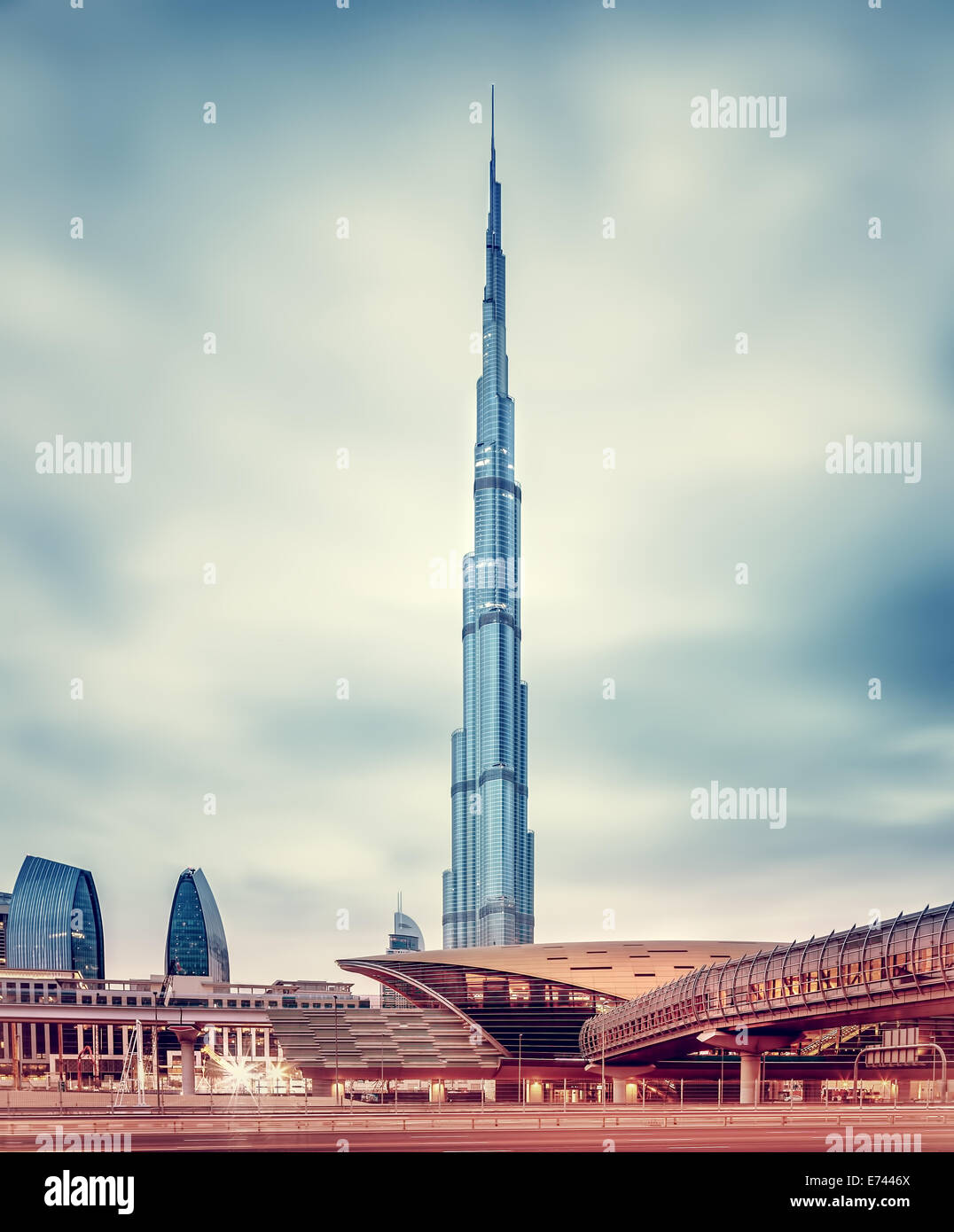 DUBAI, UAE - FEBRUARY 09: Burj Khalifa, world's tallest tower at 828m, located at Downtown, modern new metro station on February Stock Photo
