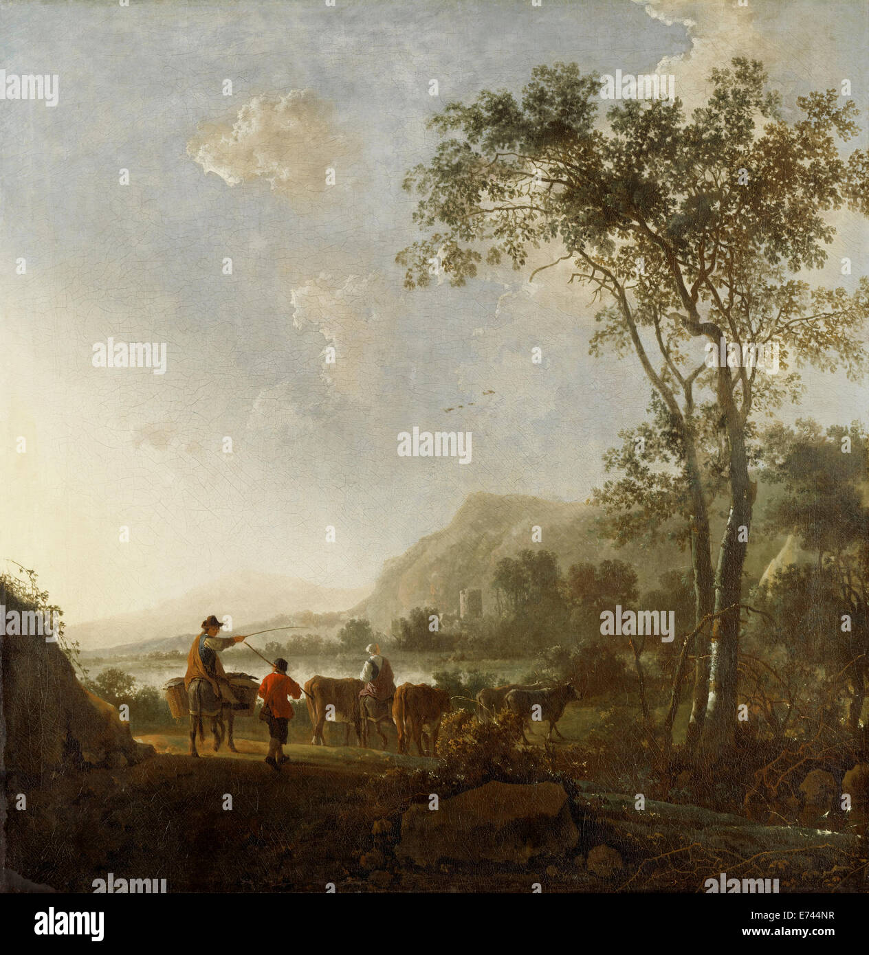 River Landscape with Riders - by Aelbert Cuyp, 1653 - 1657 Stock Photo