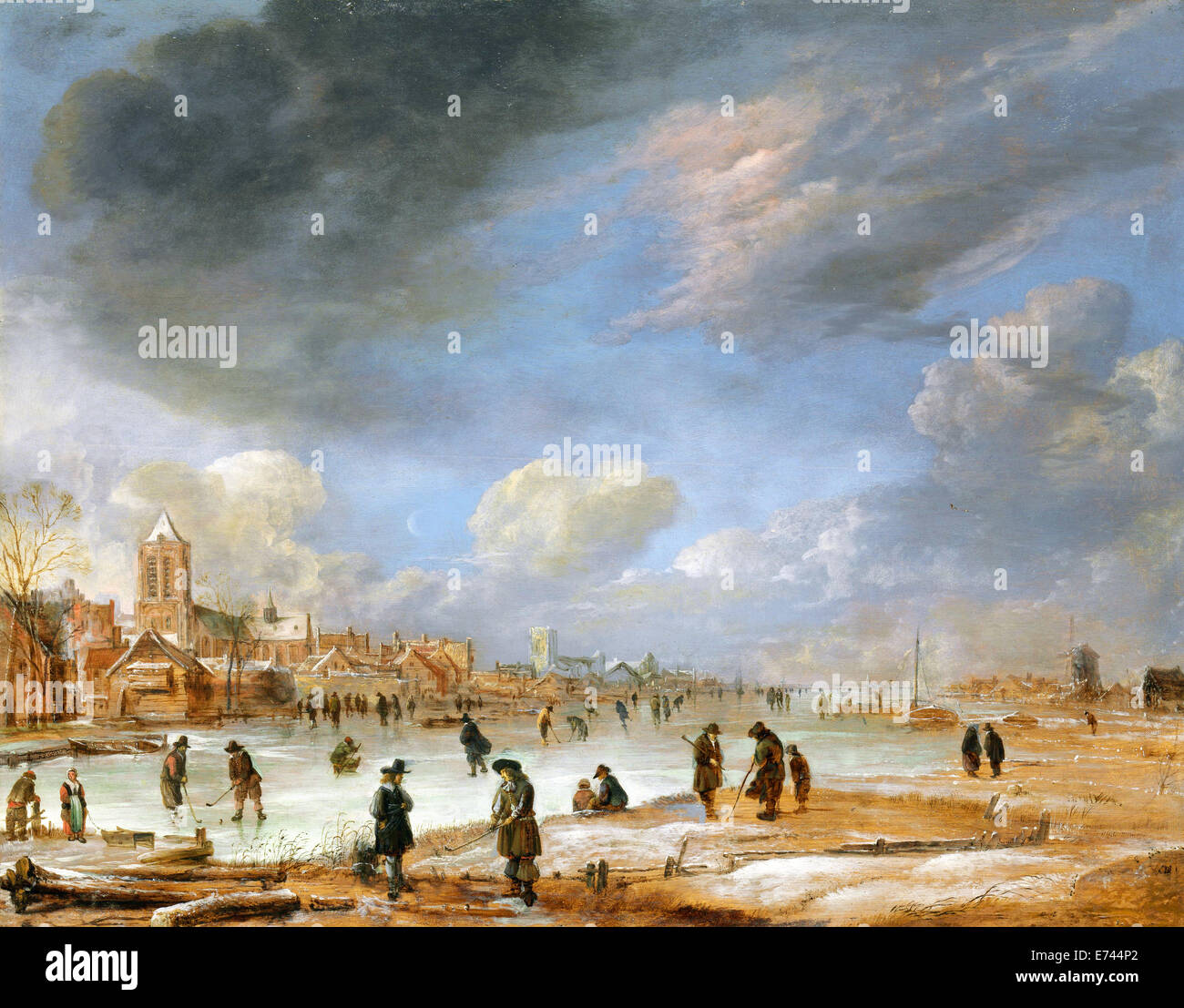River scene in winter - by Aert van der Neer, 1655 - 1660 Stock Photo