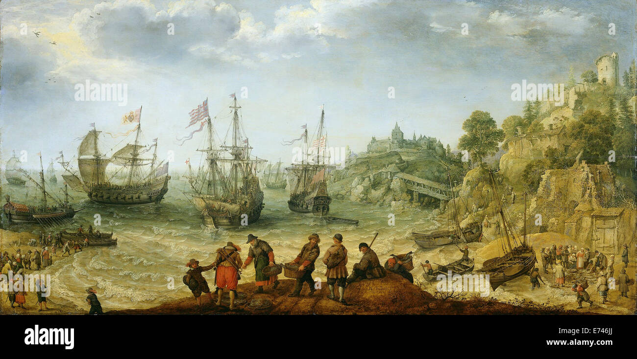 Ships at a rocky coast - by Adam Willaerts, 1621 Stock Photo
