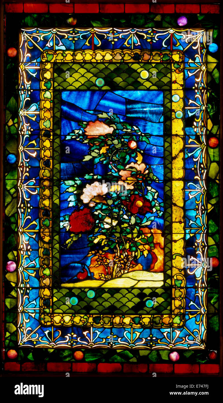 Stained glass: Peonies Blown in the Wind - by John La Farge, 1880 Stock Photo