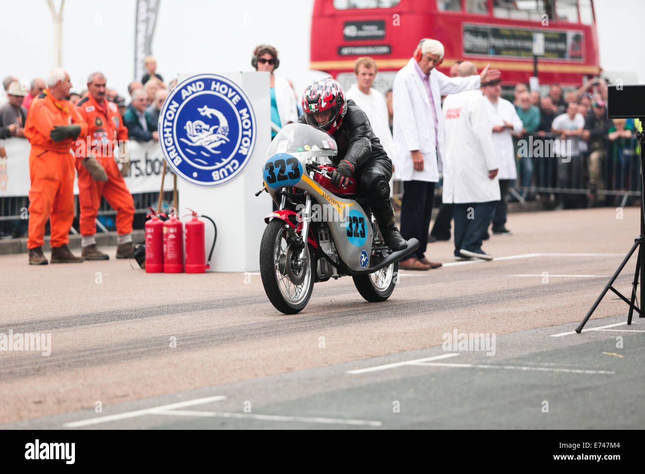 This is David Harvey riding a Honda CR350 at the Brighton National Speed Trials organised by the Brighton & Hove Motor Club held annually at Madeira Drive, Brighton Seafront, Brighton, East Sussex, UK. 6th September 2014 Stock Photo