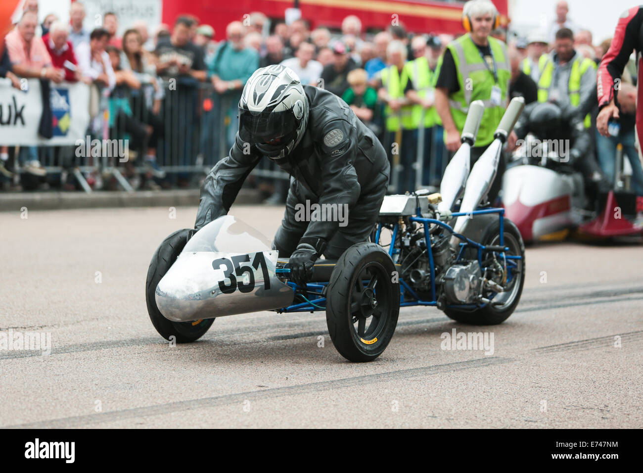 This is Trevor Duckworth riding a Yamaha Custom Trike at the Brighton National Speed Trials organised by the Brighton & Hove Motor Club held annually at Madeira Drive, Brighton Seafront, Brighton, East Sussex, UK Stock Photo