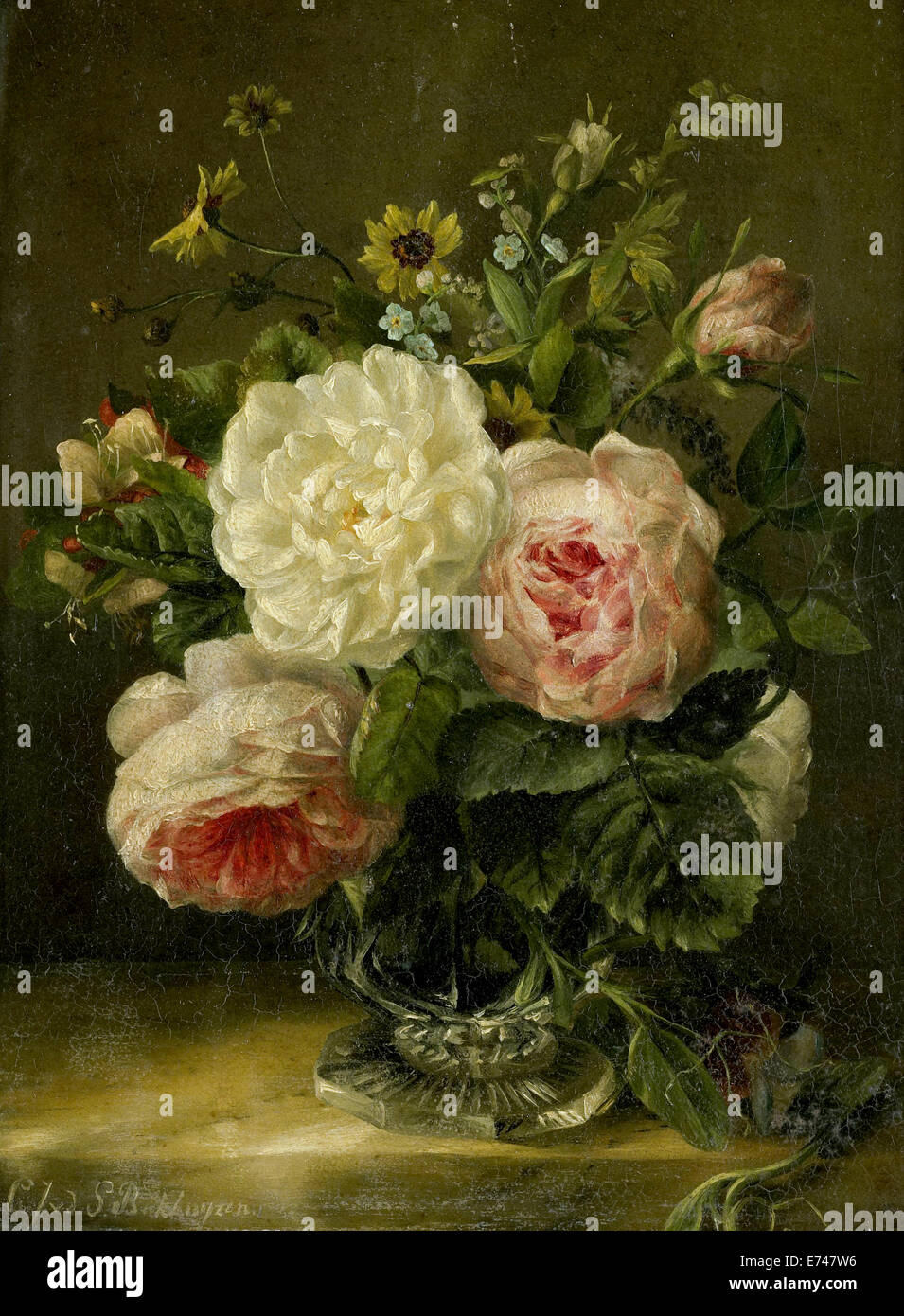 Still Life with Flowers in a Crystal Vase - by Gerardina Jacoba van de Sande Bakhuyzen, 1850 - 1880 Stock Photo