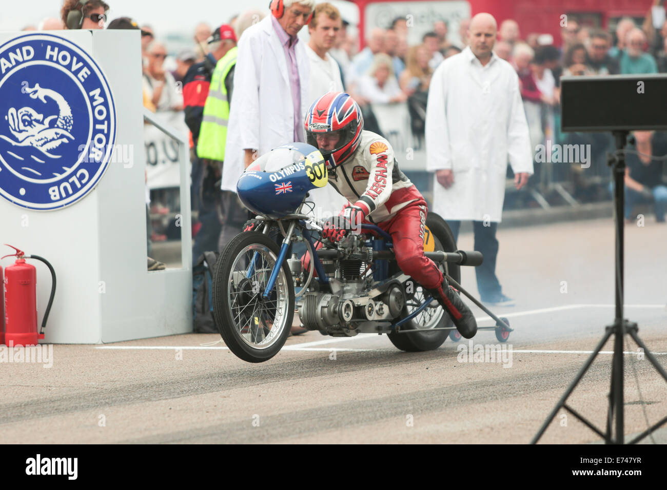 This is John Hobbs riding a Olympus-Triumph Tiger 100 at the Brighton National Speed Trials organised by the Brighton & Hove Motor Club held annually at Madeira Drive, Brighton Seafront, Brighton, East Sussex, UK Stock Photo