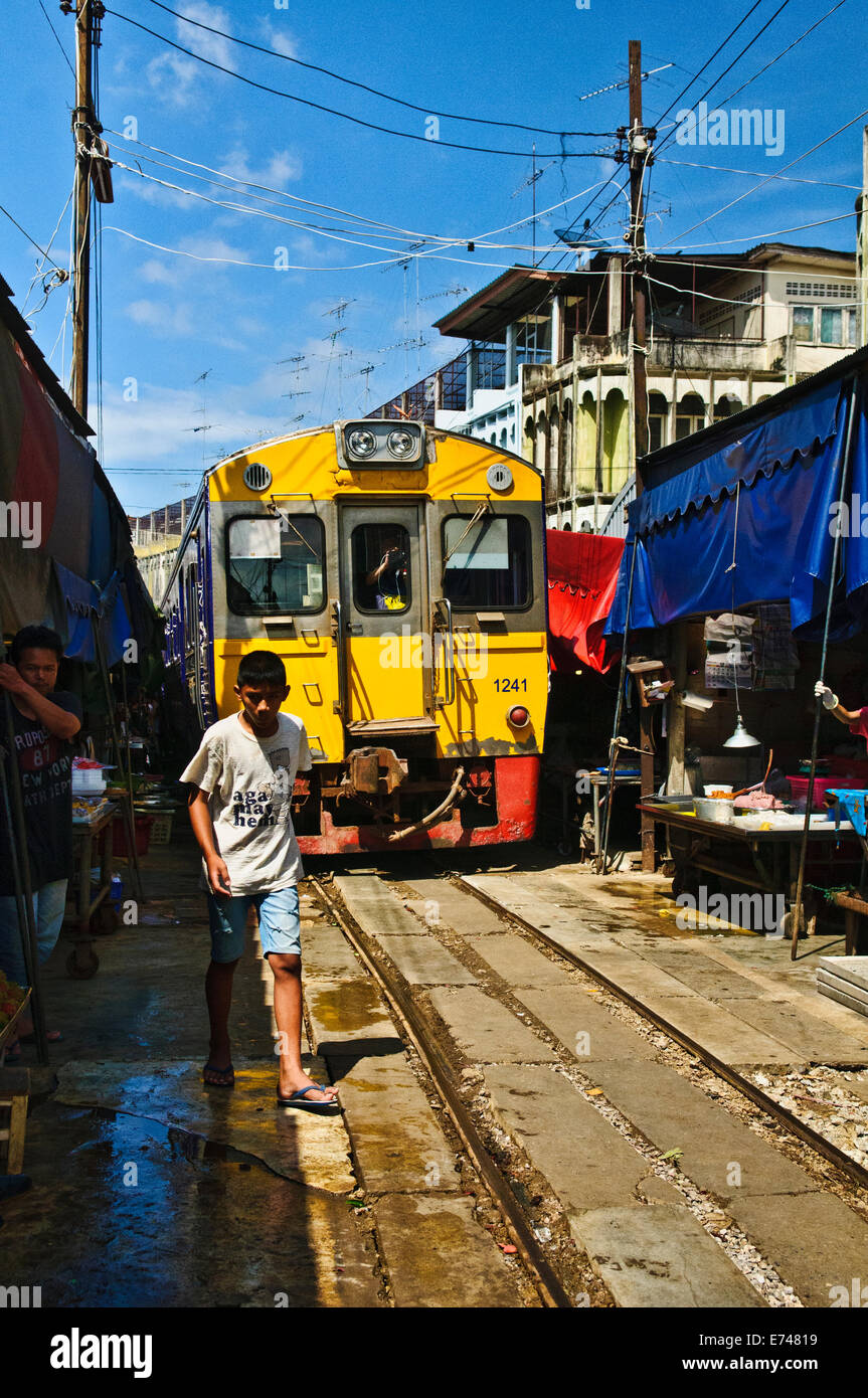 Maeklong railway market at Samut Songkhram, Thailand Stock Photo