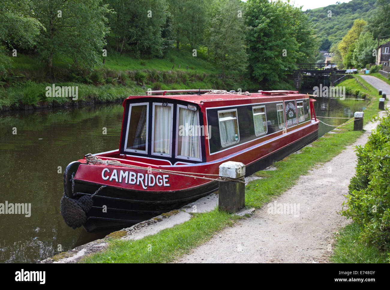 Narrowboat 'Cambridge' on Rochdale Canal, Hebden Bridge, West Yorkshire Stock Photo