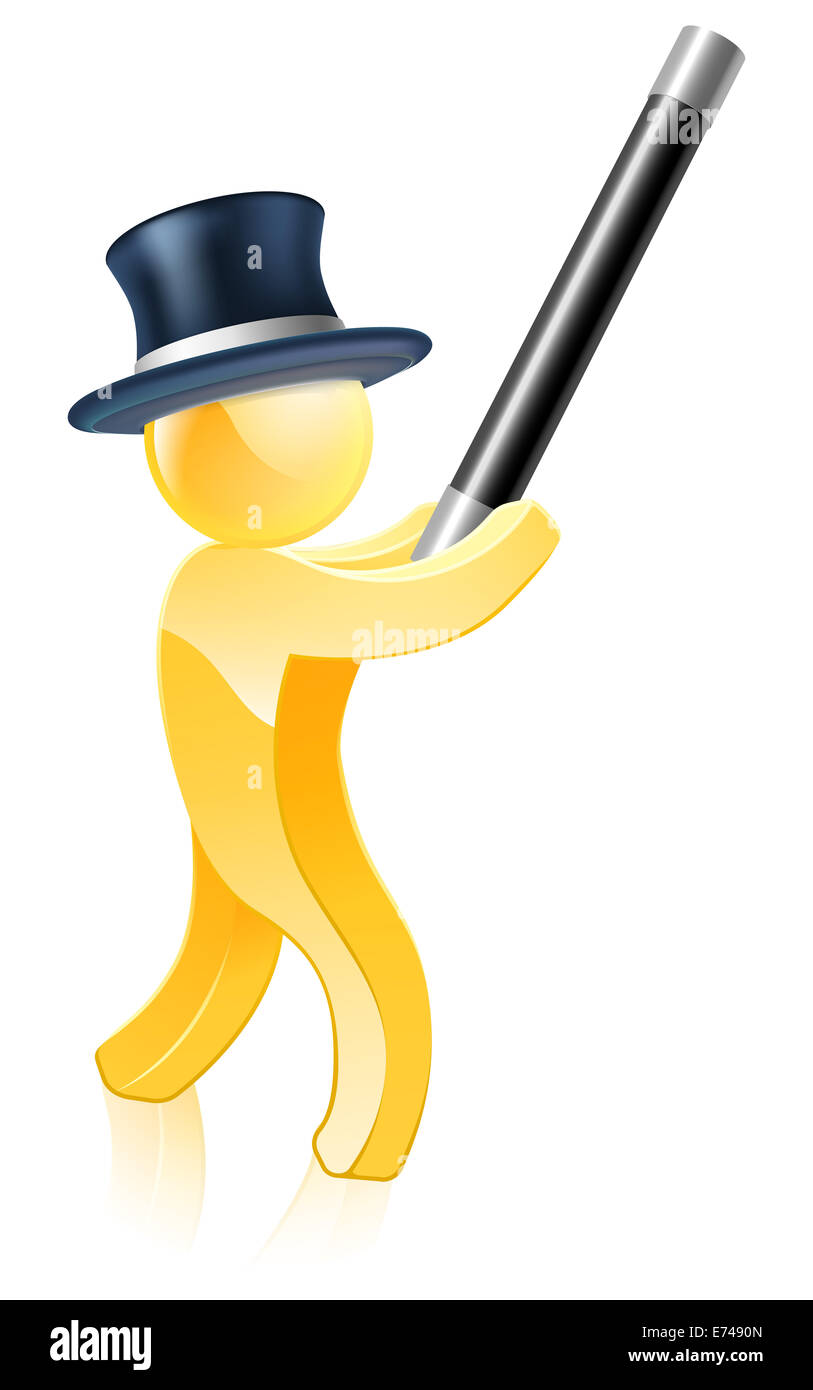 Gold mascot magician illustration of a gold human figure waving a wand Stock Photo