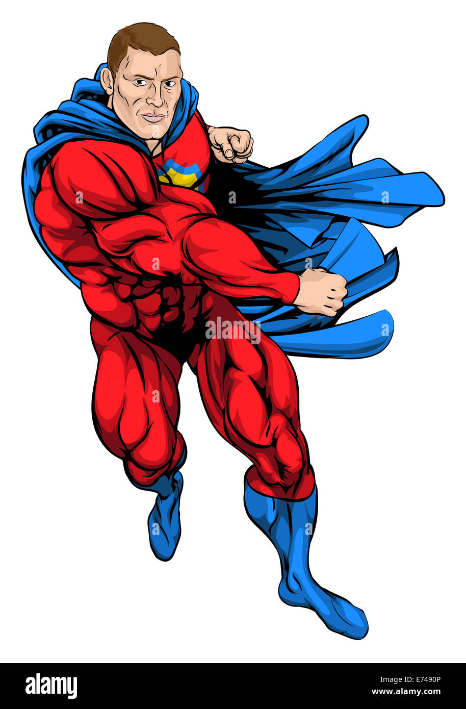A cartoon illustration of a dynamic punching superhero in cape Stock Photo