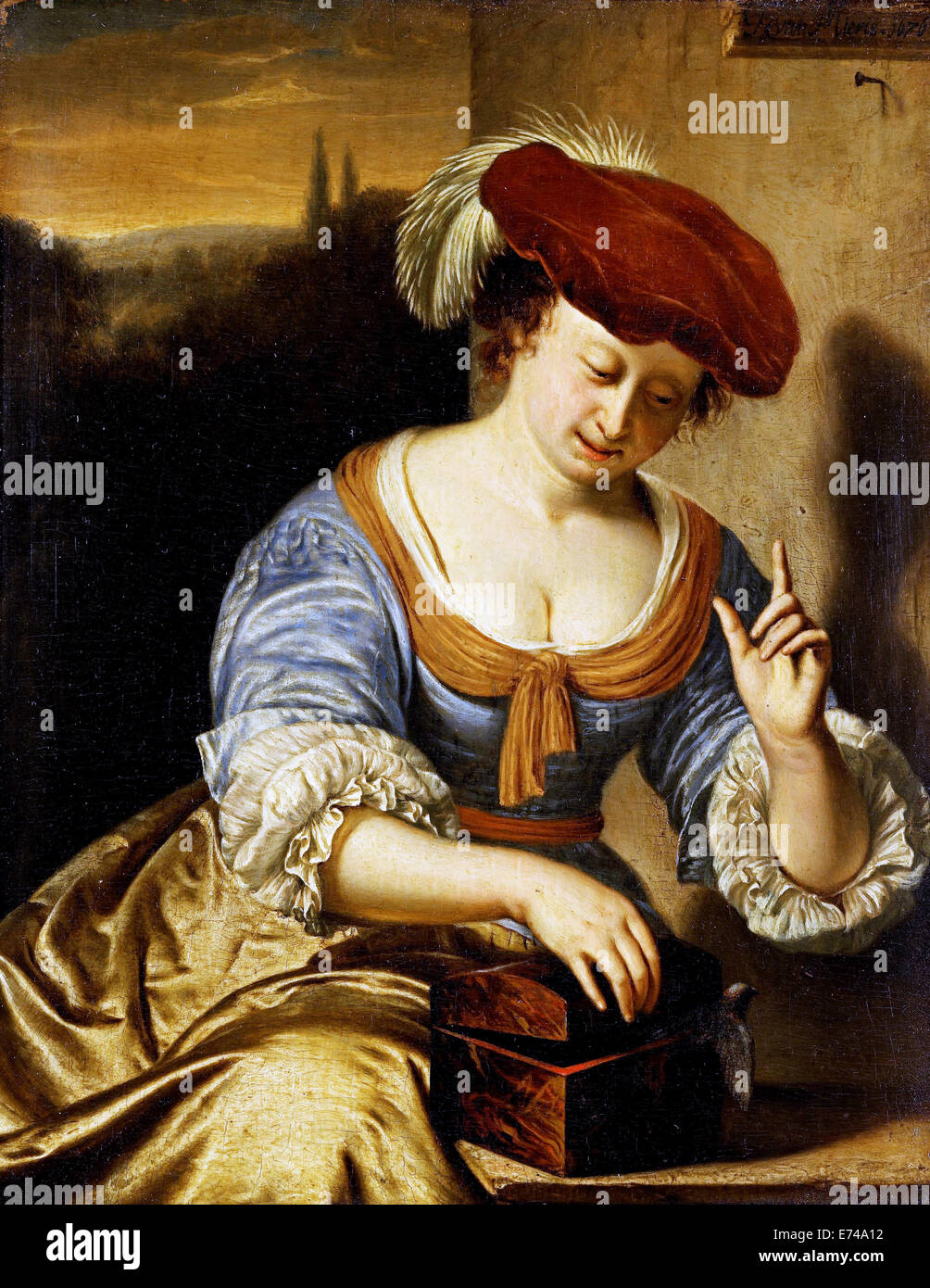 The Escaped Bird Allegory of Lost Chastity - by Frans van Mieris, 1676 Stock Photo