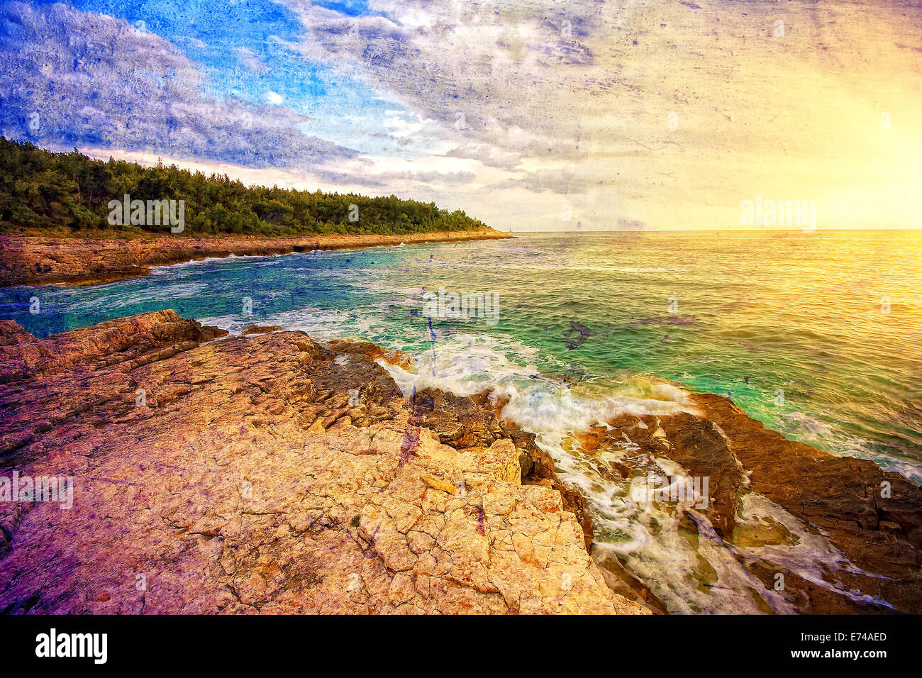 Croatian coast at sunset in retro style Stock Photo - Alamy