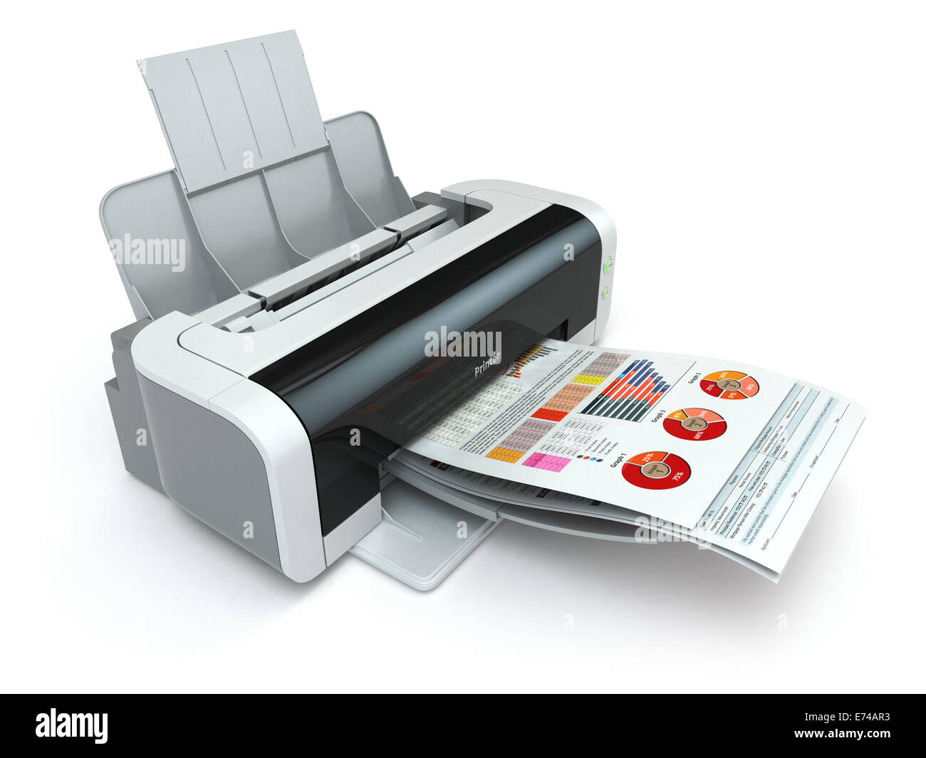 Printer prints business report on white isolated background. 3d Stock ...