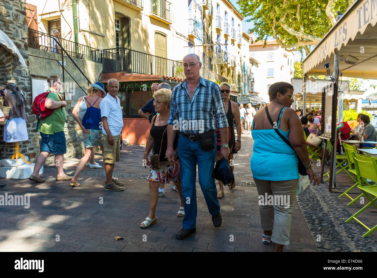Collioure, France, Tourists promenading in Seaside Village near Perpignan, Street Scene, South of France Stock Photo