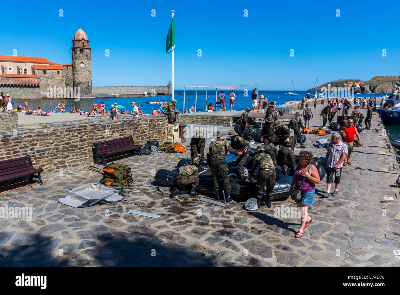 Collioure, France, French Army Soldiers Preparing Boats for Military Exercise, on Beach, in Seaside Village near Perpignan, South of France Stock Photo