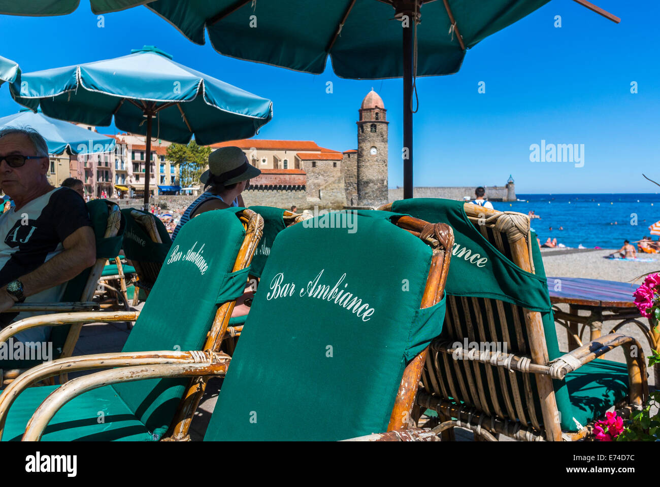 Collioure, France, French Cafe Terrace in Seaside Village near Perpignan, South of France Exterior Stock Photo