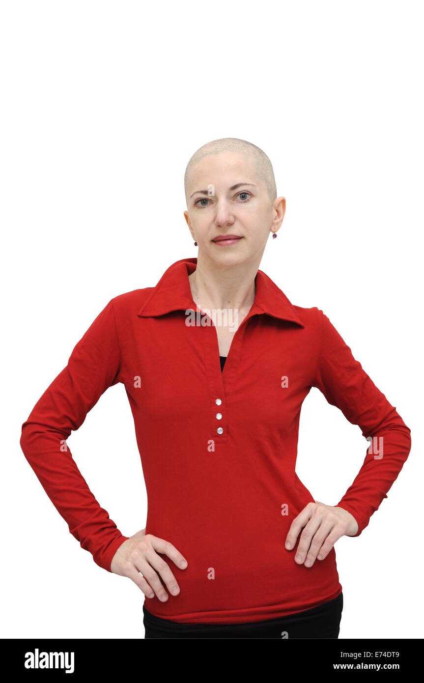 Bald woman in red shirt shirt standing with arms akimbo. Isolated on white. Stock Photo