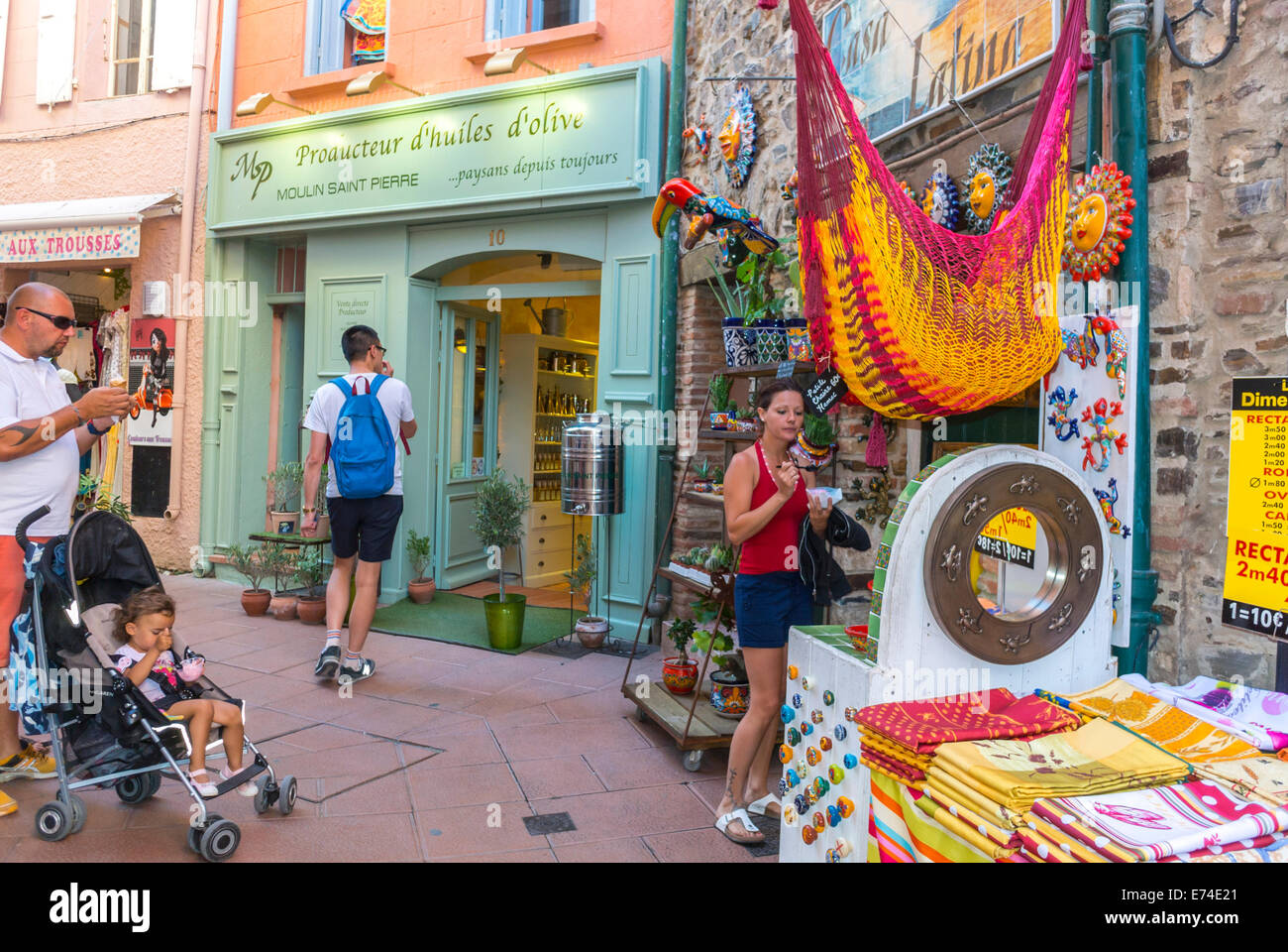 Collioure, France, Tourists Shopping at Local Stores, Seaside Village near Perpignan, South of France Stock Photo