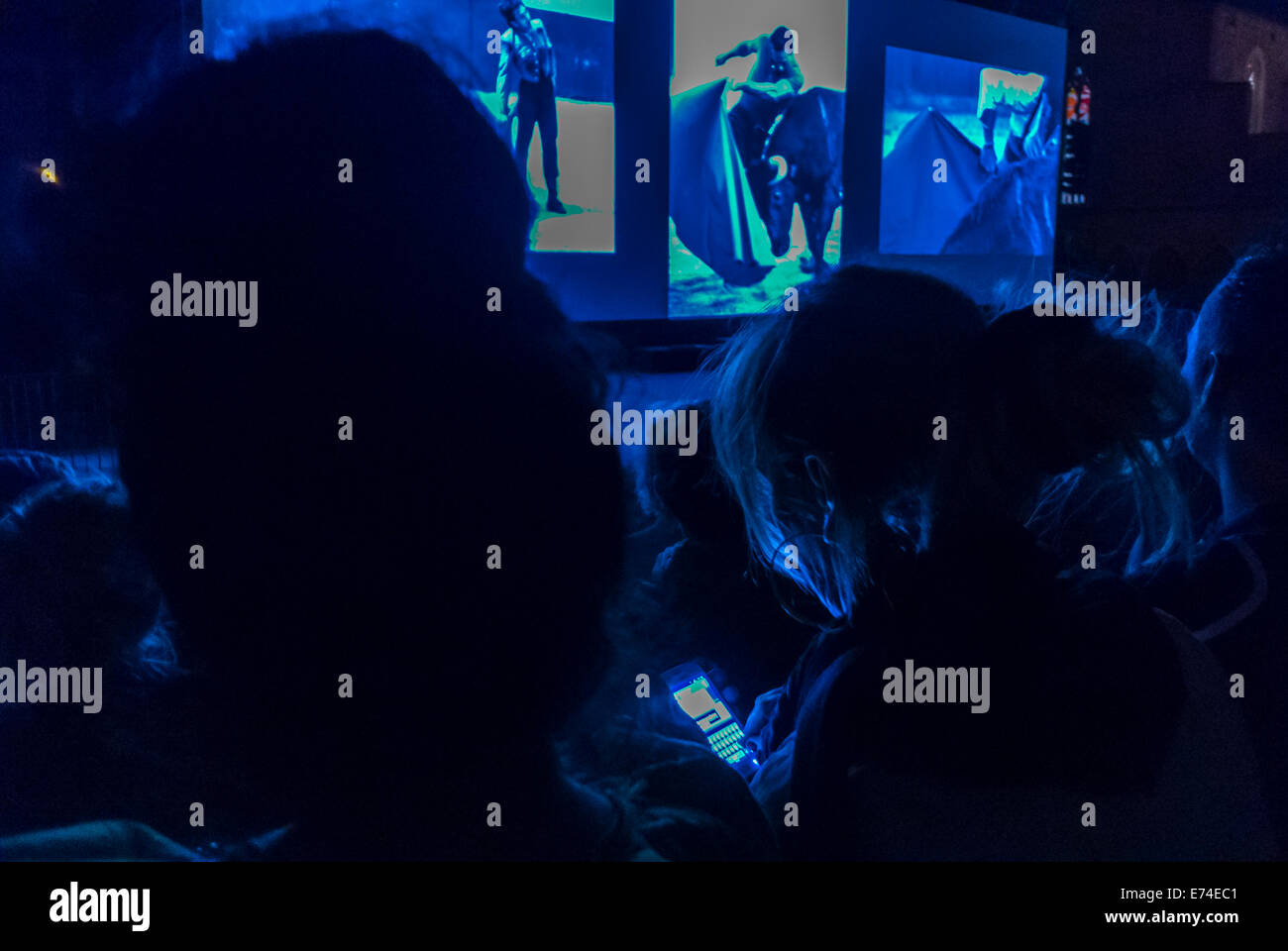 Perpignan, France, Woman Sending Text Message on Smart Phone during Photo Projection at 'VIsa Pour l'Image' Photojournalism Festival Stock Photo