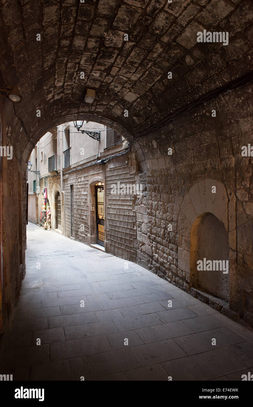 Arched passage on cobbled street in Gothic Quarter of Barcelona (Barri Gotic) in Catalonia, Spain. Stock Photo