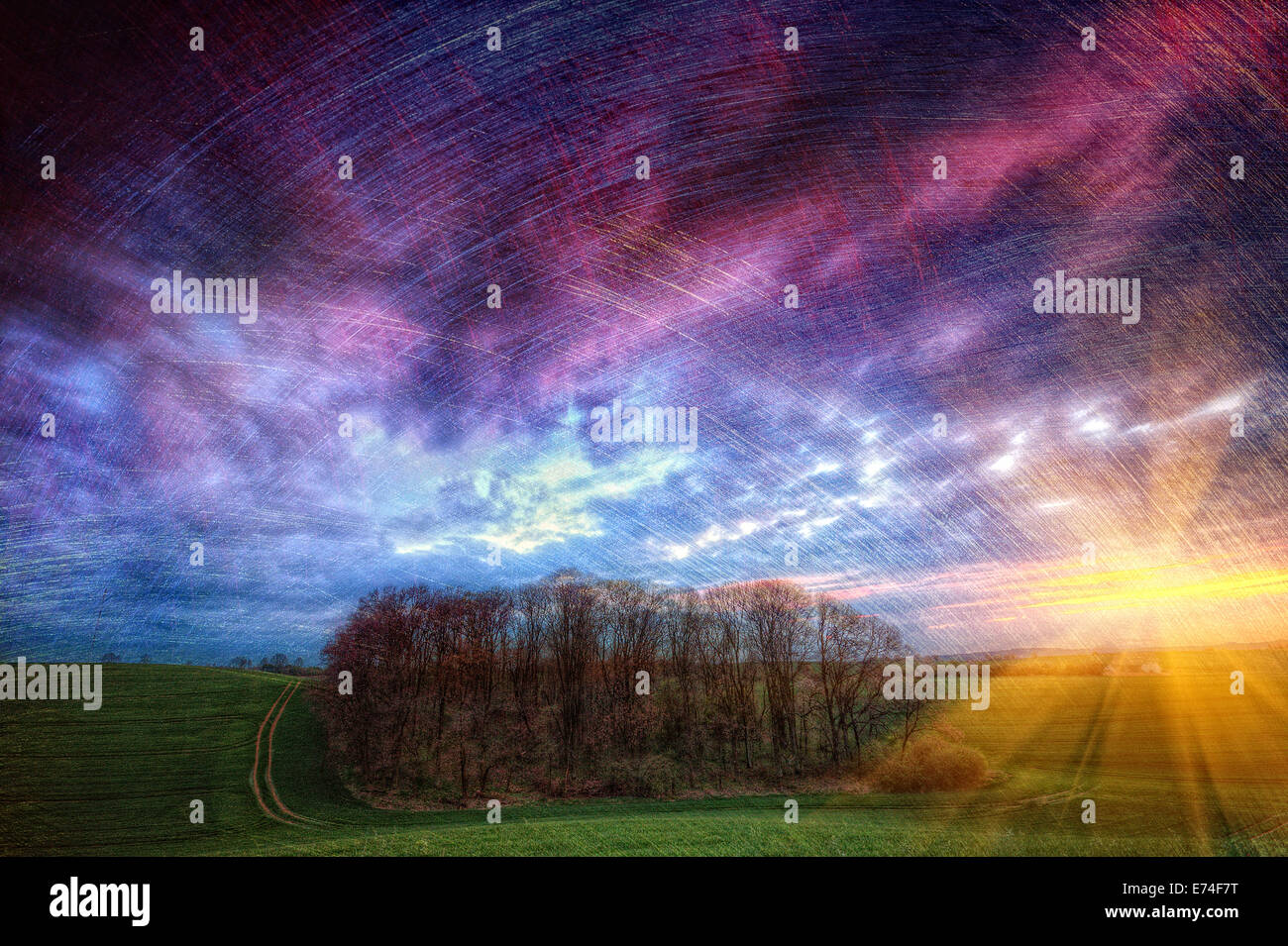 Sunset over green field with clouds in retro style Stock Photo