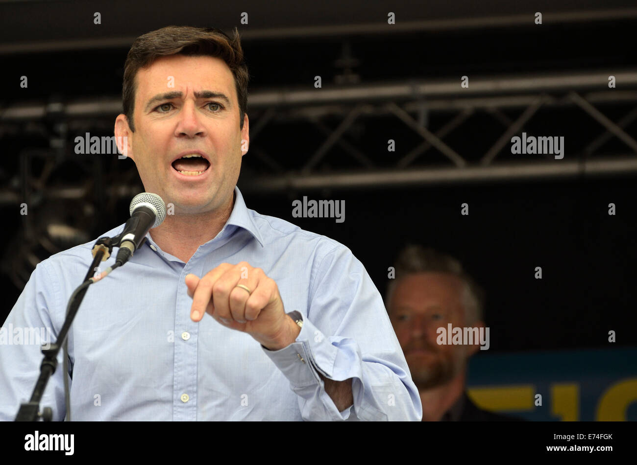 Andy Burnham MP (Labour): Shadow Health Secretary. London, UK. 6th September, 2014.  March for the NHS. Marchers from Jarrow arrive in London for a rally in Trafalgar Square against privatisation of the National Health Service. Stock Photo