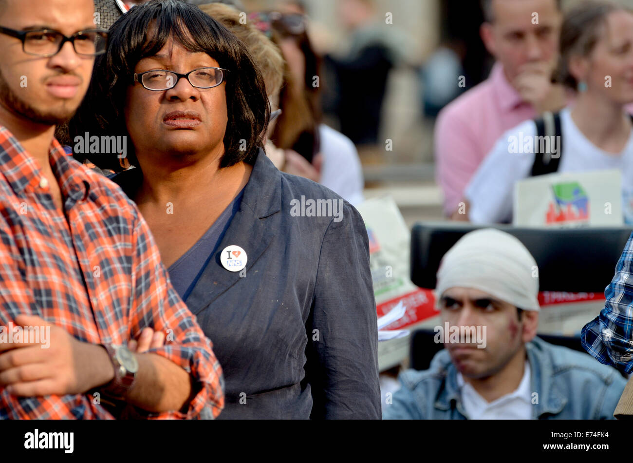 Diane Abbott MP (Labour) at the March for the NHS. Marchers from Jarrow arrive in London for a ralley in Trafalgar Square against privatisation of the National Health Service. London, UK. 6th September, 2014. Stock Photo