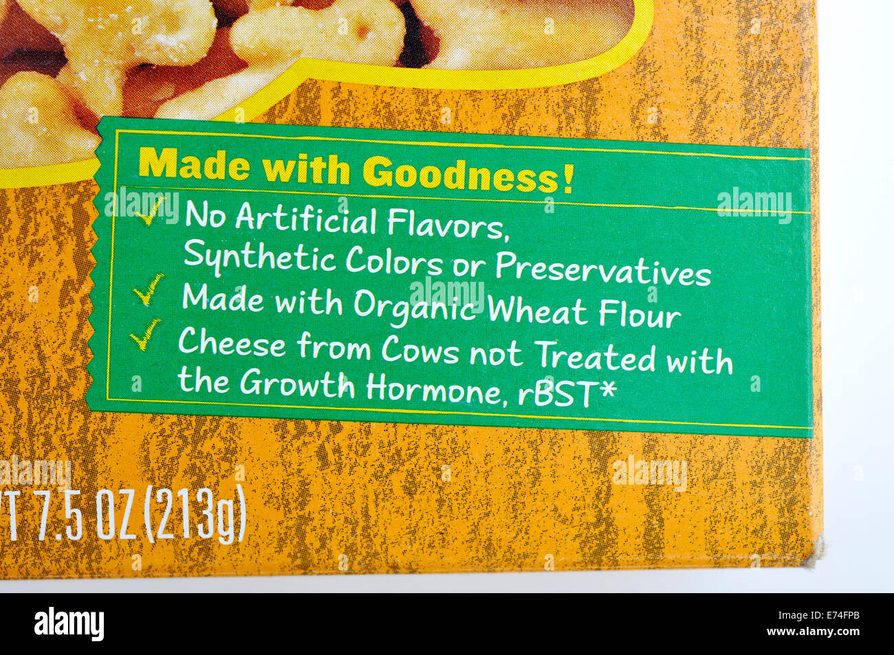 Label on food package: no artificial flavors, colors or preservatives Stock Photo