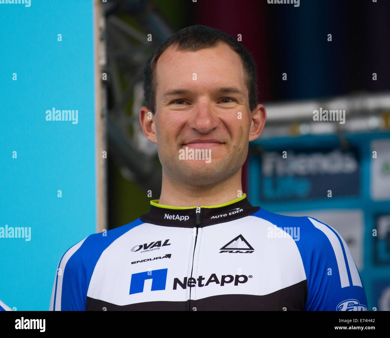 Liverpool, Merseyside, UK 6th September, 2014. Scott Twaites, Paul Voss, Daniel Schorn, Sam Bennet Jan Barta & Leopold Team NetApp-Endura: Germany Leopold Konig, who finished a creditable seventh in this year's Tour de France, is a big general classification contender a the Friends Life Tour of Britain. Team Presentations and introductions on stage at Chavasse Park on Saturday evening as riders prepare for the race proper on Sunday next. The Tour of Britain is the UK's biggest professional cycle race and the country's largest free-to-spectate sporting event. Credit:  Mar Photographics/Alamy Li Stock Photo